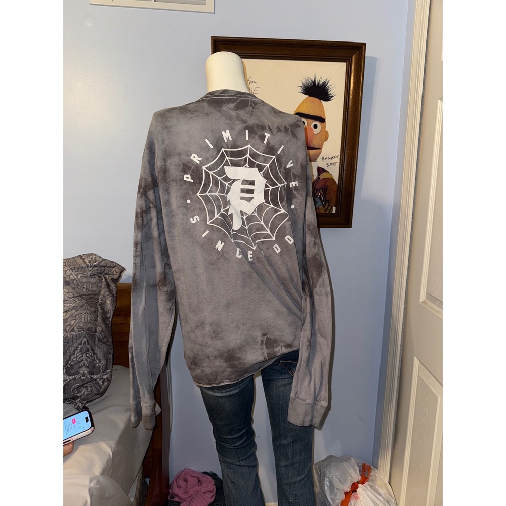Primitive Skateboarding Grey Tie Dye Spider Web Logo Long Sleeve T-Shirt Mens M